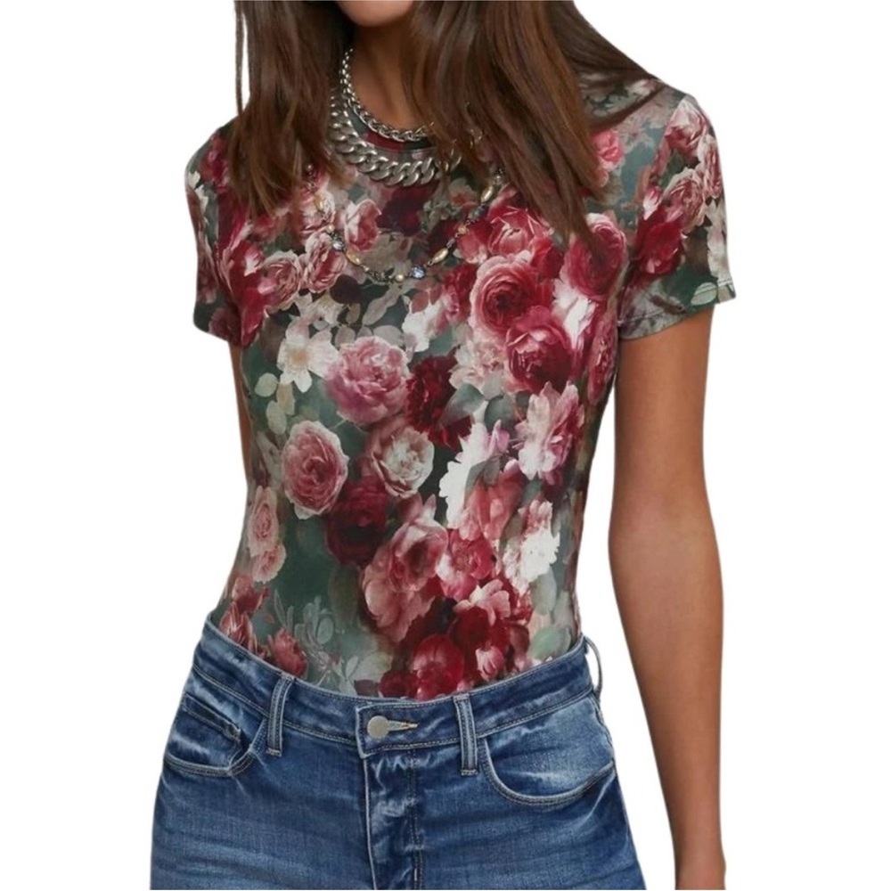 L'Agence Top Womens XS Red Green Ressi Vintage Floral Rose Print Crewneck Tee